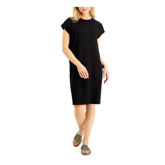 EILEEN FISHER Dresses & Skirts - EILEEN FISHER Womens Black Cap Sleeve Crew Neck Knee Length Shift Dress S
